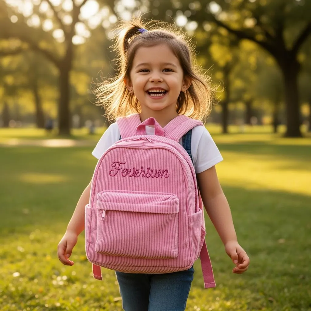 Blij meisje met een gepersonaliseerde roze gebreide rugzak in het park